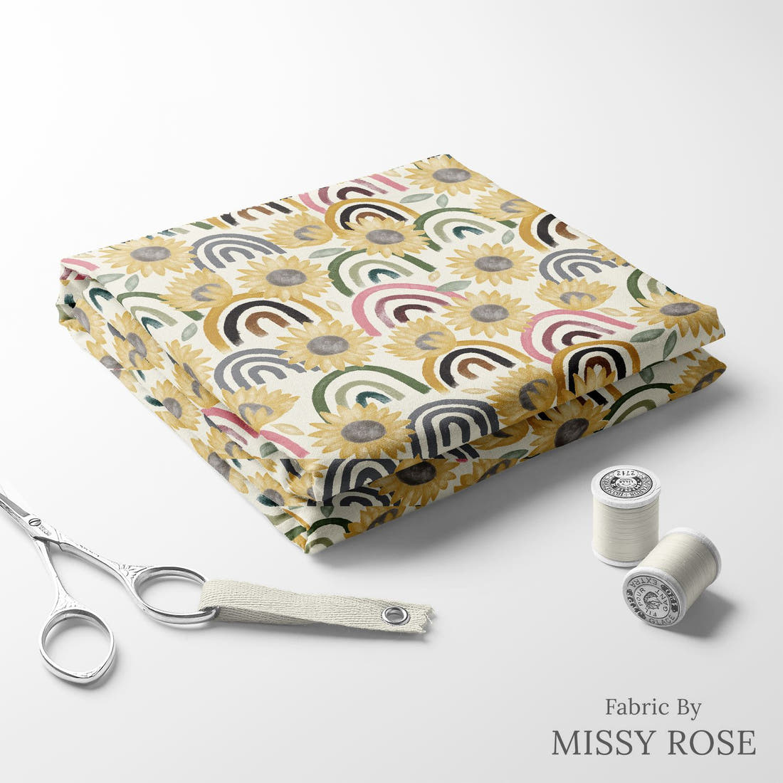 Design 961 Sunflower Rainbow Fabric folded fabric stack with matching thread – pre-order fabric Australia | Fabric by Missy Rose