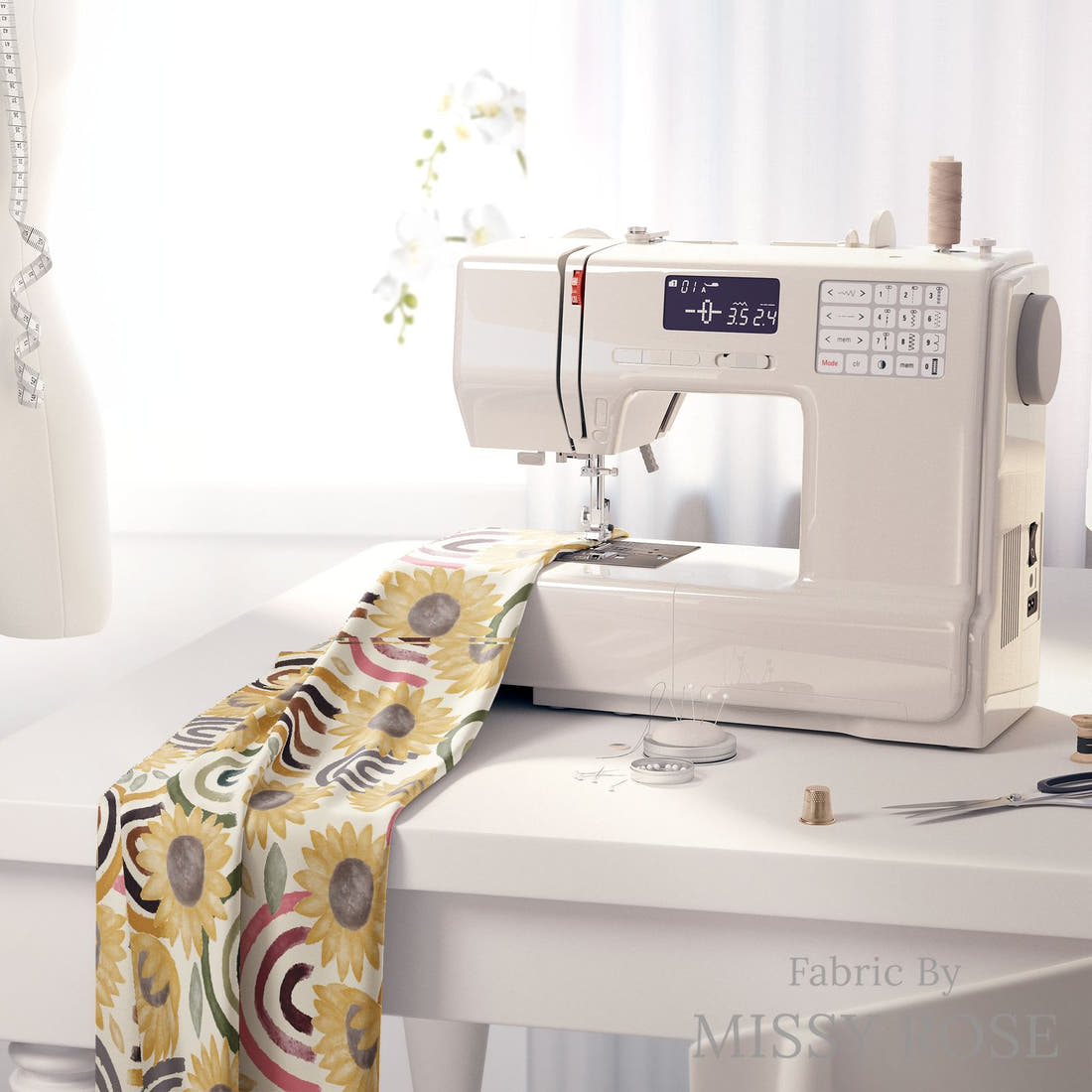 Design 961 Sunflower Rainbow Fabric on a sewing machine – premium fabric for sewing projects | Fabric by Missy Rose