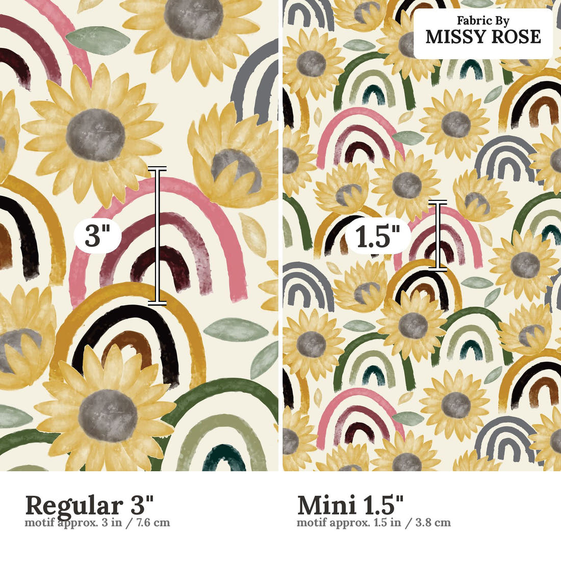 Design 961 Sunflower Rainbow Fabric Regular 3 inch vs Mini 1.5 inch print scale side by side | Fabric by Missy Rose