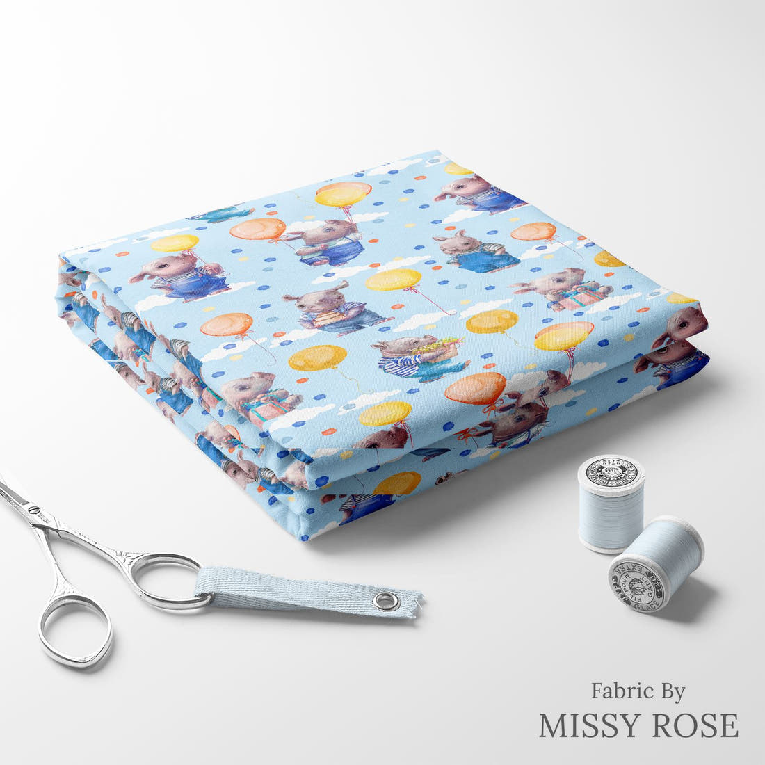 Design 962 Blue Rhino Fabric folded fabric stack with matching thread – pre-order fabric Australia | Fabric by Missy Rose