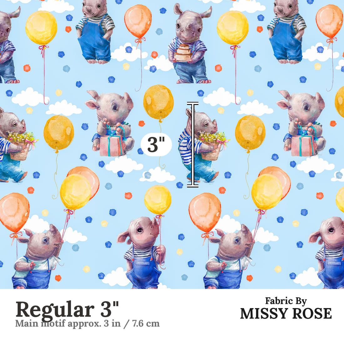 Design 962 Blue Rhino Fabric Regular 3 inch print scale guide | Fabric by Missy Rose