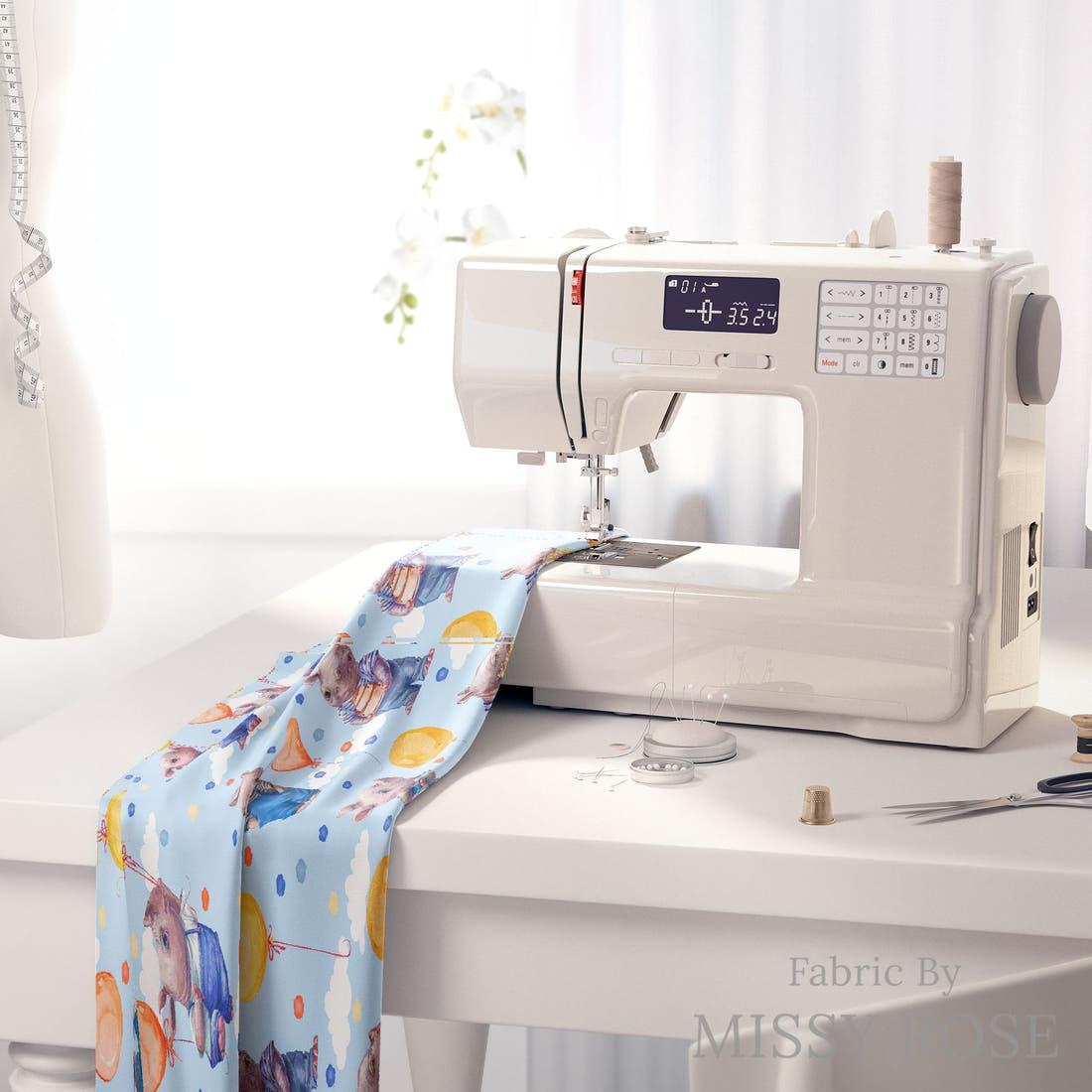 Design 962 Blue Rhino Fabric on a sewing machine – premium fabric for sewing projects | Fabric by Missy Rose