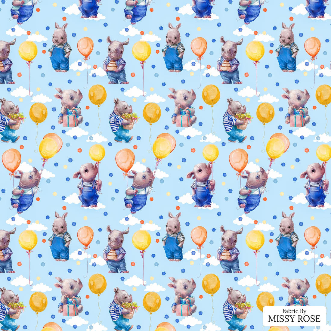Design 962 Blue Rhino Fabric – flat view of the print, zoom in for detail | Fabric by Missy Rose