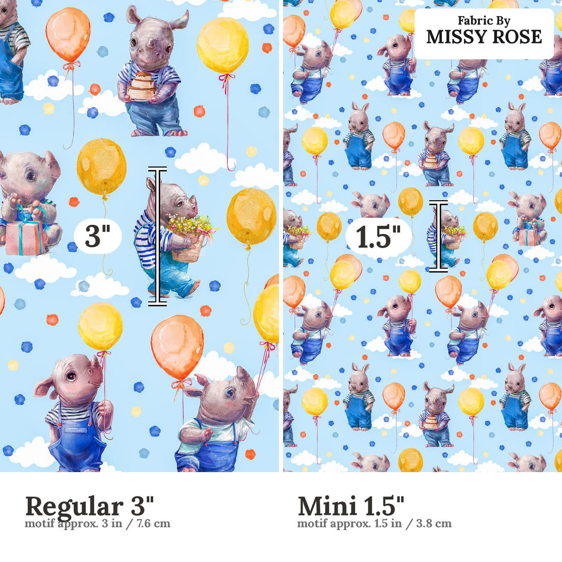 Design 962 Blue Rhino Fabric Regular 3 inch vs Mini 1.5 inch print scale side by side | Fabric by Missy Rose