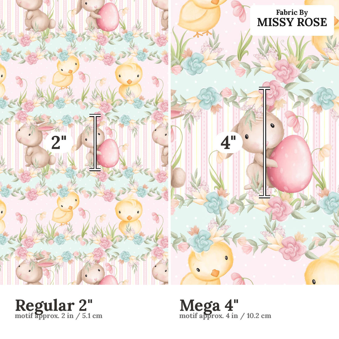 Design 963 Cute Easter Fabric Regular 2 inch vs Mega 4 inch print scale side by side | Fabric by Missy Rose