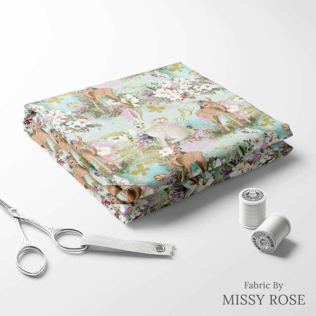 Design 964 Sweet Woodlands Fabric folded fabric stack with matching thread – pre-order fabric Australia | Fabric by Missy Rose
