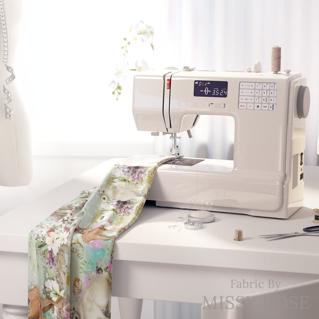 Design 964 Sweet Woodlands Fabric on a sewing machine – premium fabric for sewing projects | Fabric by Missy Rose