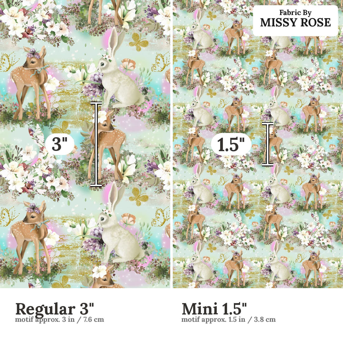 Design 964 Sweet Woodlands Fabric Regular 3 inch vs Mini 1.5 inch print scale side by side | Fabric by Missy Rose
