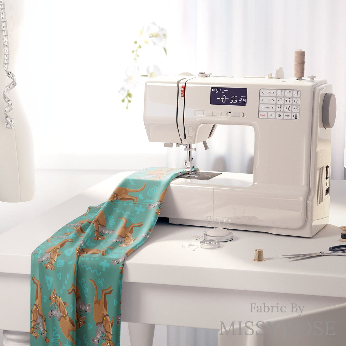 Design 965 Aussie Fabric on a sewing machine – premium fabric for sewing projects | Fabric by Missy Rose