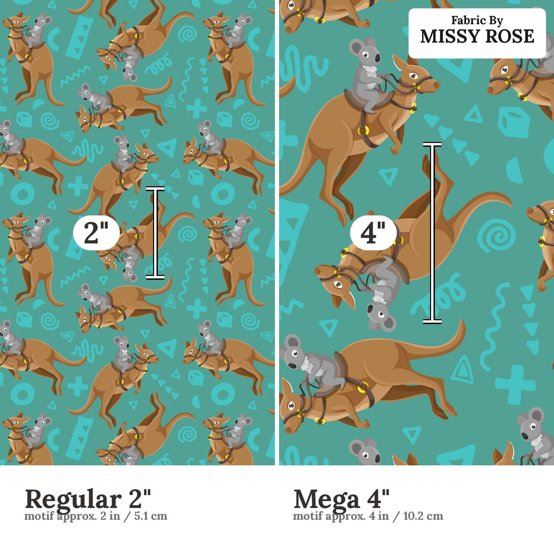 Design 965 Aussie Fabric Regular 2 inch vs Mega 4 inch print scale side by side | Fabric by Missy Rose