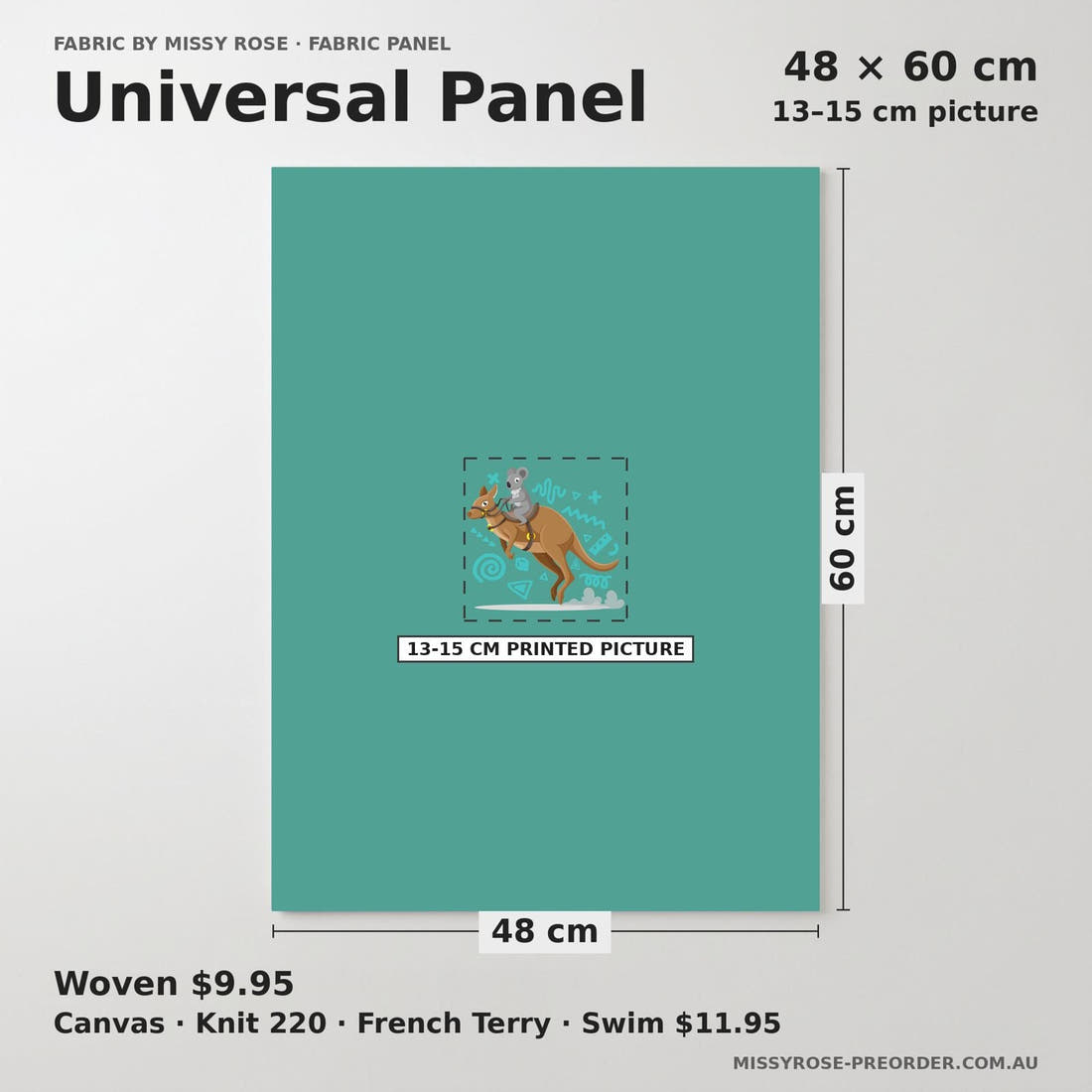 Design 965 Aussie Panel universal panel sizing – 13–15 cm printed picture on 48 × 60 cm fabric | Fabric by Missy Rose