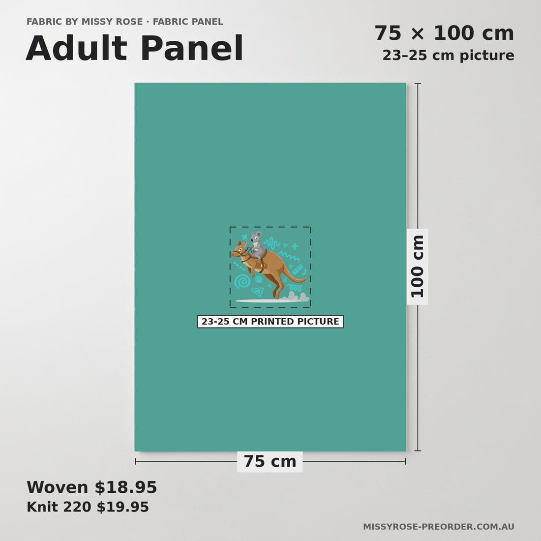 Design 965 Aussie Panel adult panel sizing – 23–25 cm printed picture on 75 × 100 cm fabric | Fabric by Missy Rose