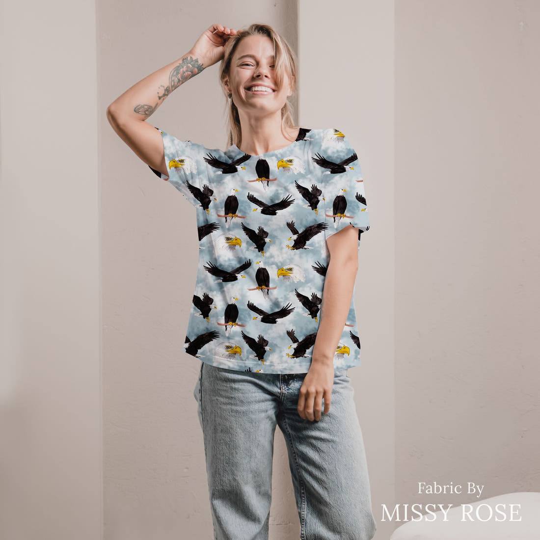 Design 966 Eagle Fabric sewn into an all-over print shirt – see how the print looks made up | Fabric by Missy Rose