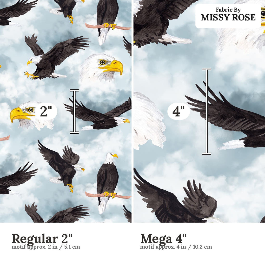 Design 966 Eagle Fabric Regular 2 inch vs Mega 4 inch print scale side by side | Fabric by Missy Rose