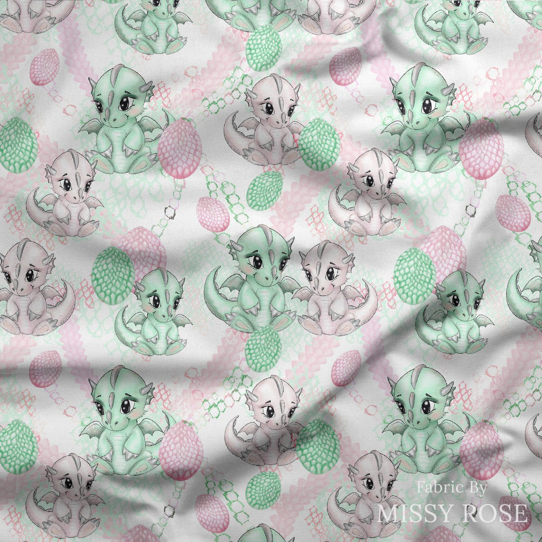 Design 967 Cute Dragon Fabric draped fabric mockup – custom printed fabric by the metre | Fabric by Missy Rose
