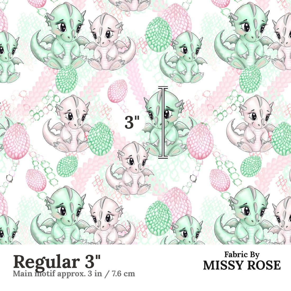 Design 967 Cute Dragon Fabric Regular 3 inch print scale guide | Fabric by Missy Rose