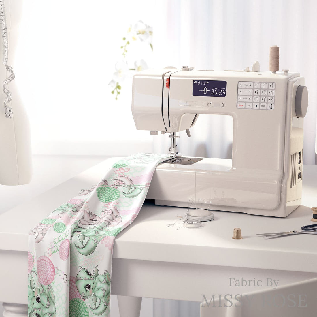 Design 967 Cute Dragon Fabric on a sewing machine – premium fabric for sewing projects | Fabric by Missy Rose