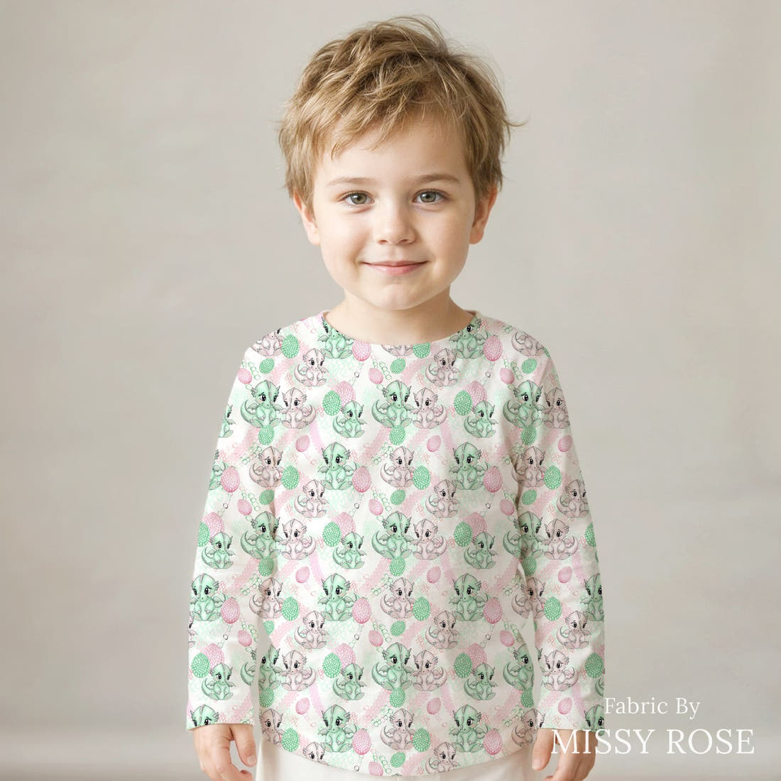 Design 967 Cute Dragon Fabric sewn into a kids' long sleeve top – see how the print looks made up | Fabric by Missy Rose