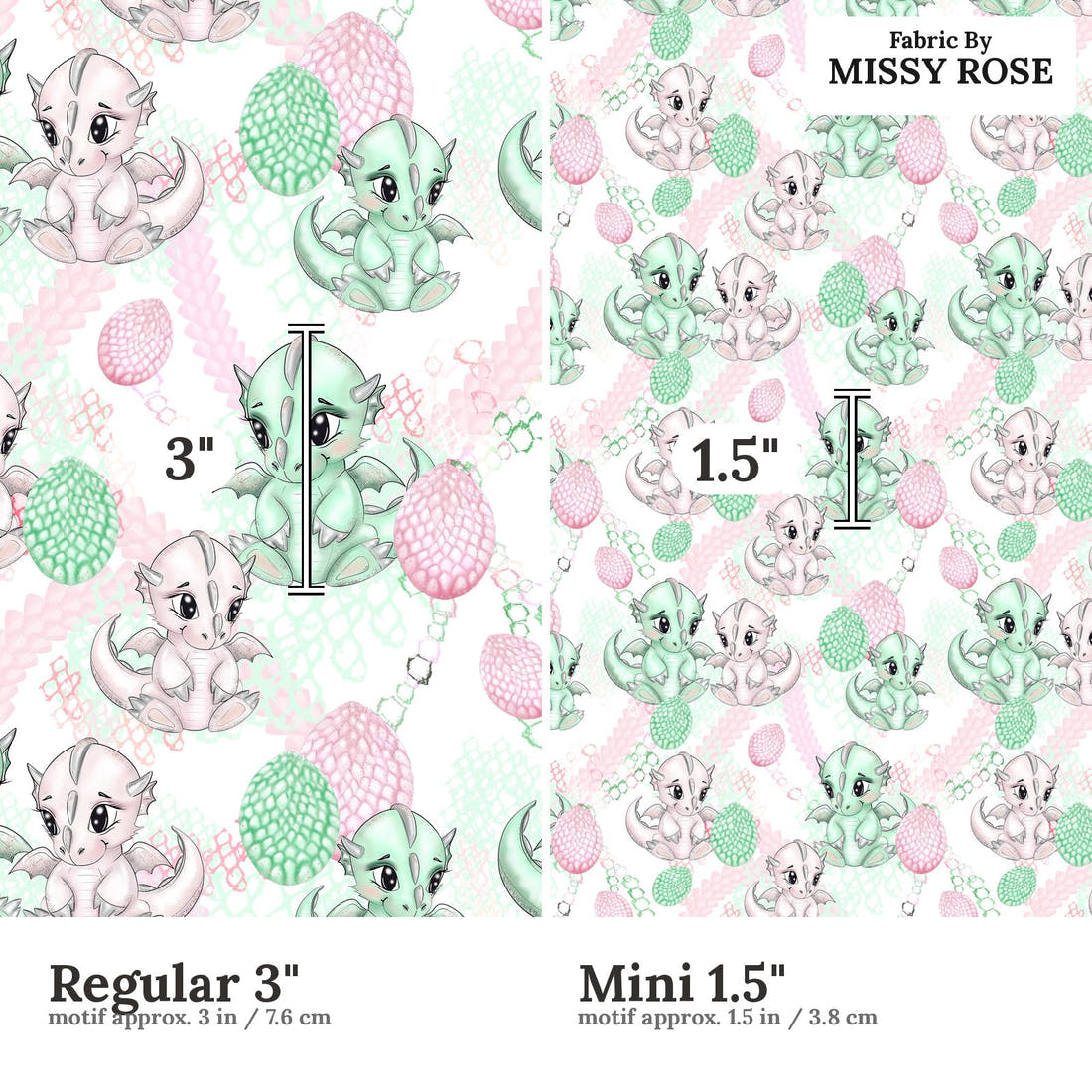 Design 967 Cute Dragon Fabric Regular 3 inch vs Mini 1.5 inch print scale side by side | Fabric by Missy Rose