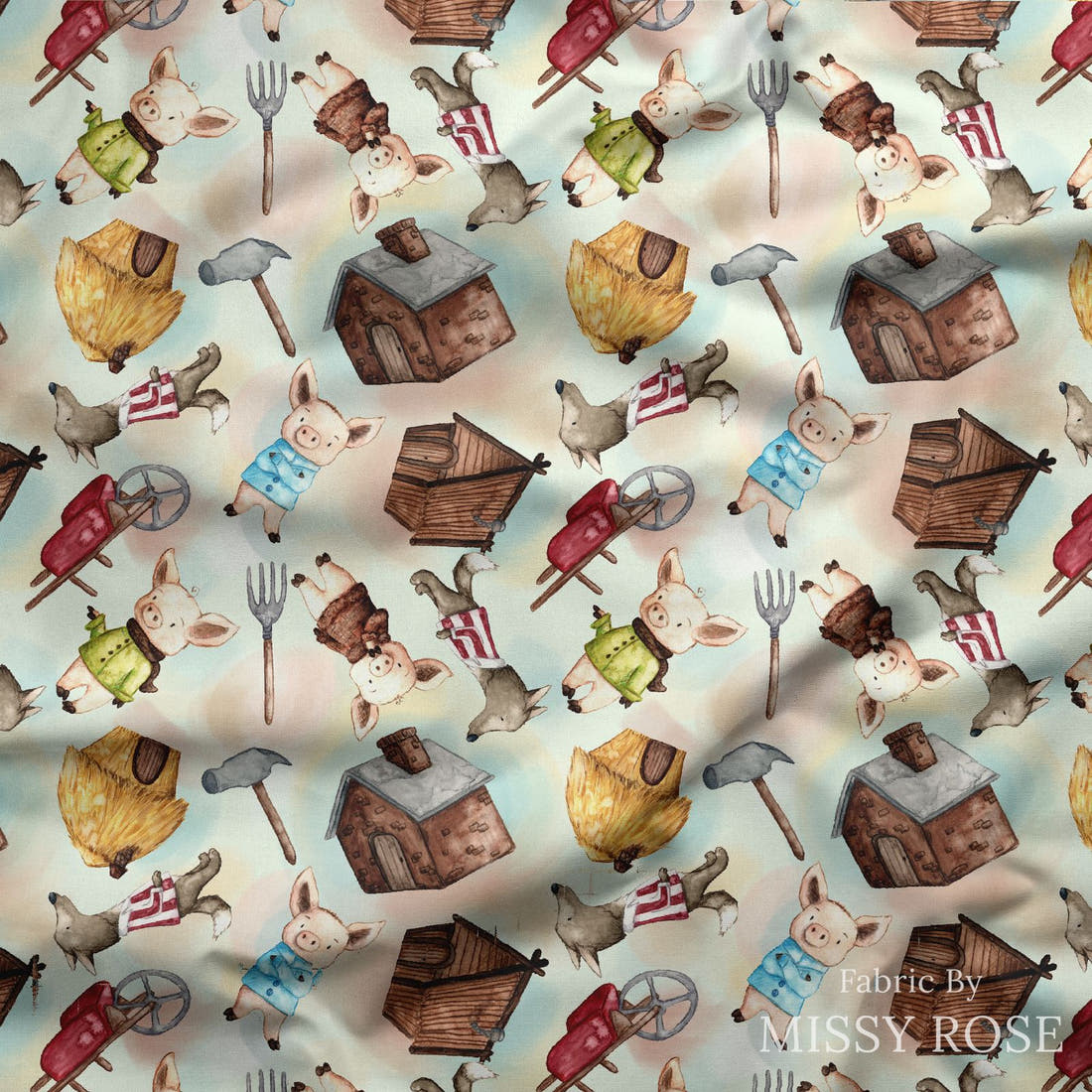 Design 968 Little Pigs Fabric draped fabric mockup – custom printed fabric by the metre | Fabric by Missy Rose