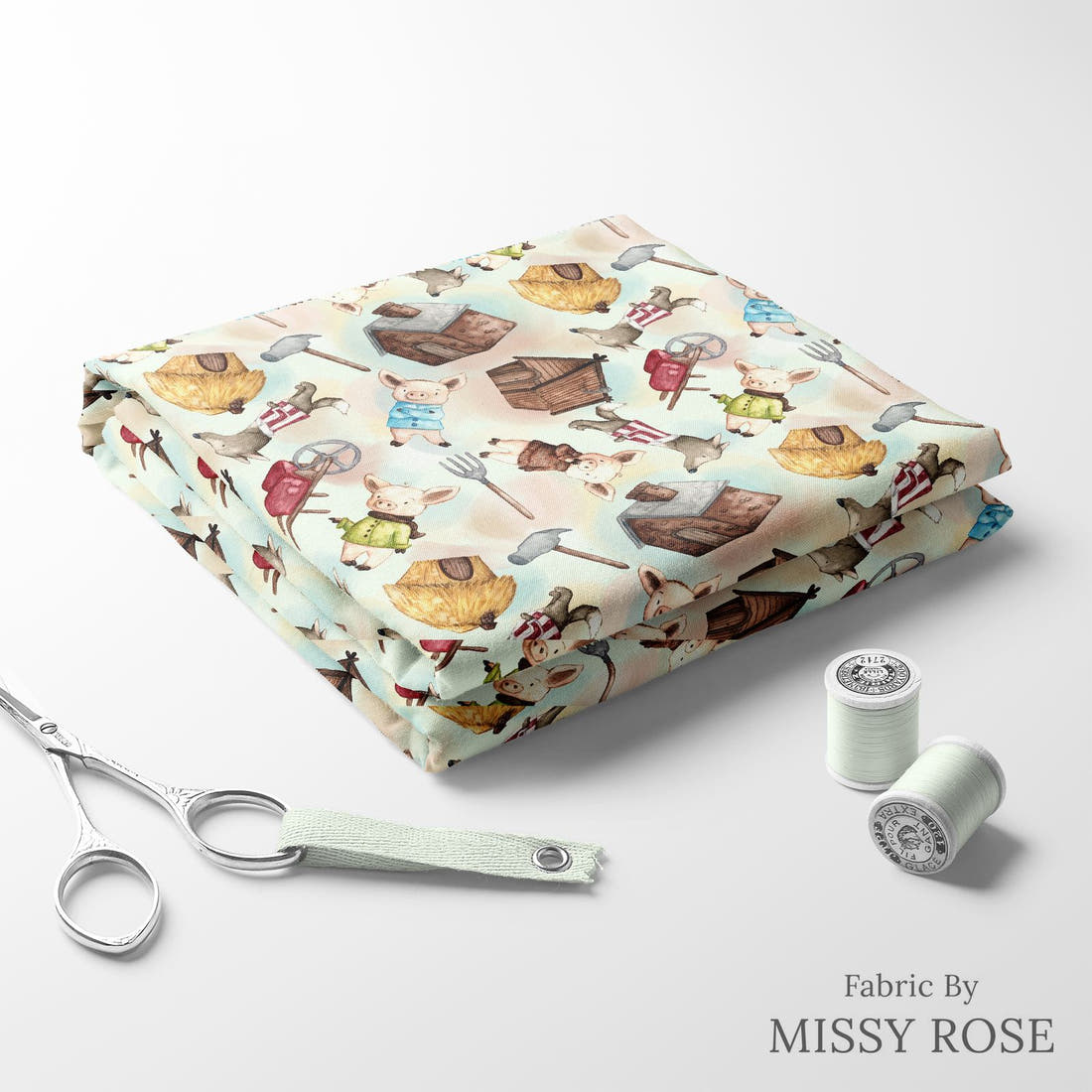Design 968 Little Pigs Fabric folded fabric stack with matching thread – pre-order fabric Australia | Fabric by Missy Rose
