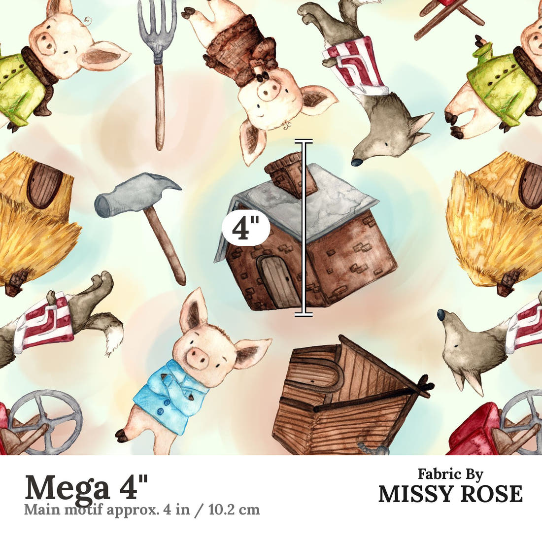Design 968 Little Pigs Fabric Mega 4 inch print scale guide | Fabric by Missy Rose