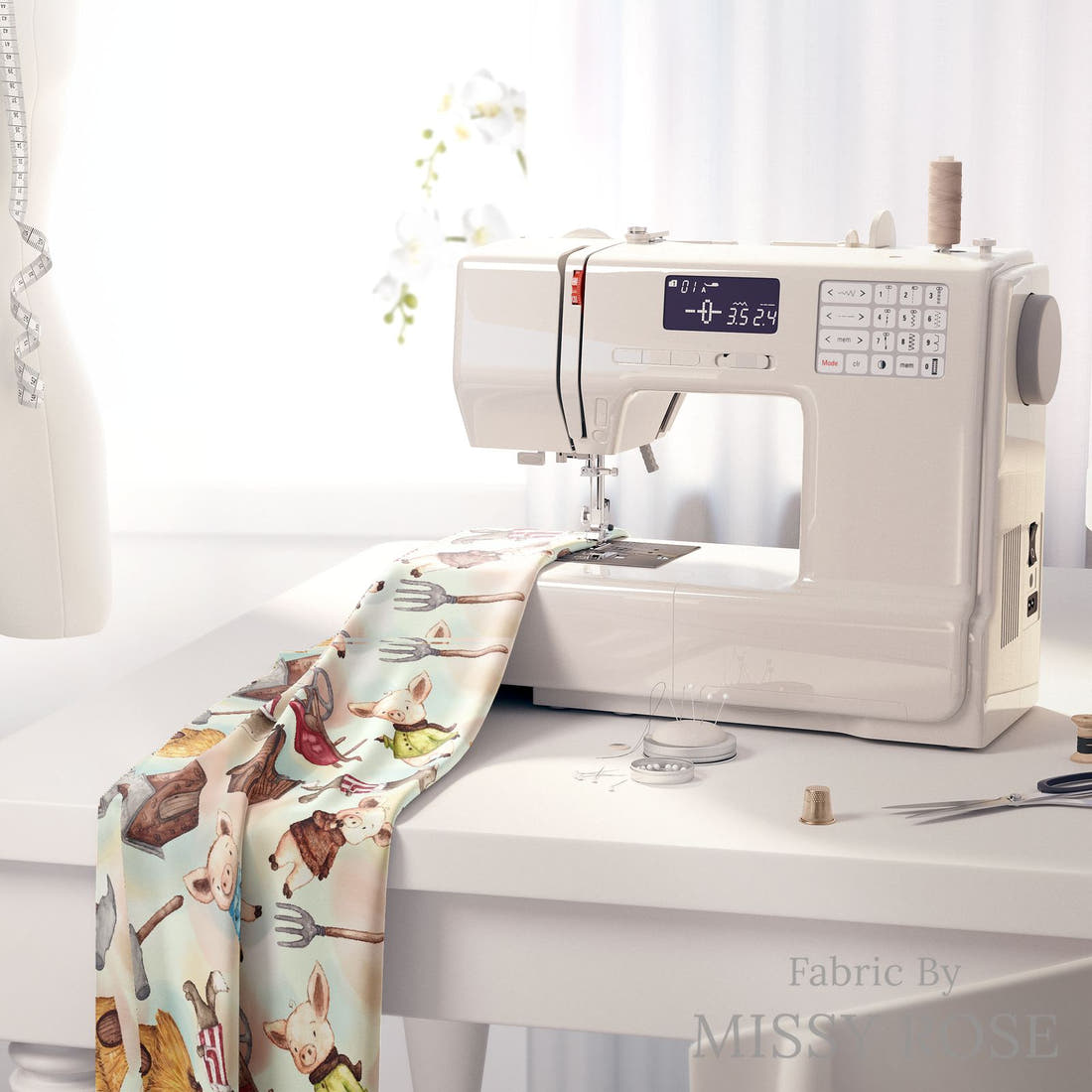 Design 968 Little Pigs Fabric on a sewing machine – premium fabric for sewing projects | Fabric by Missy Rose