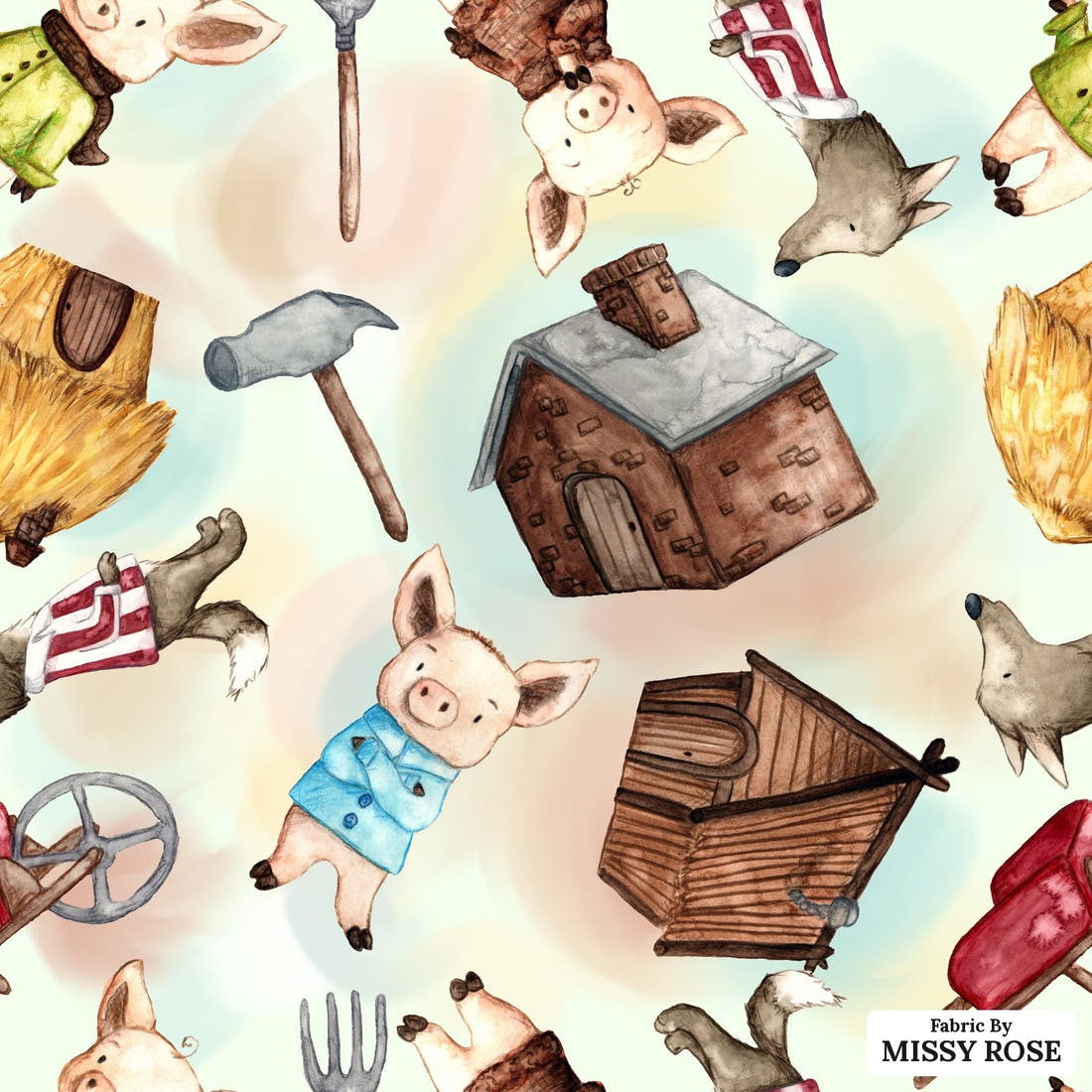 Design 968 Little Pigs Fabric – flat view of the print, zoom in for detail | Fabric by Missy Rose