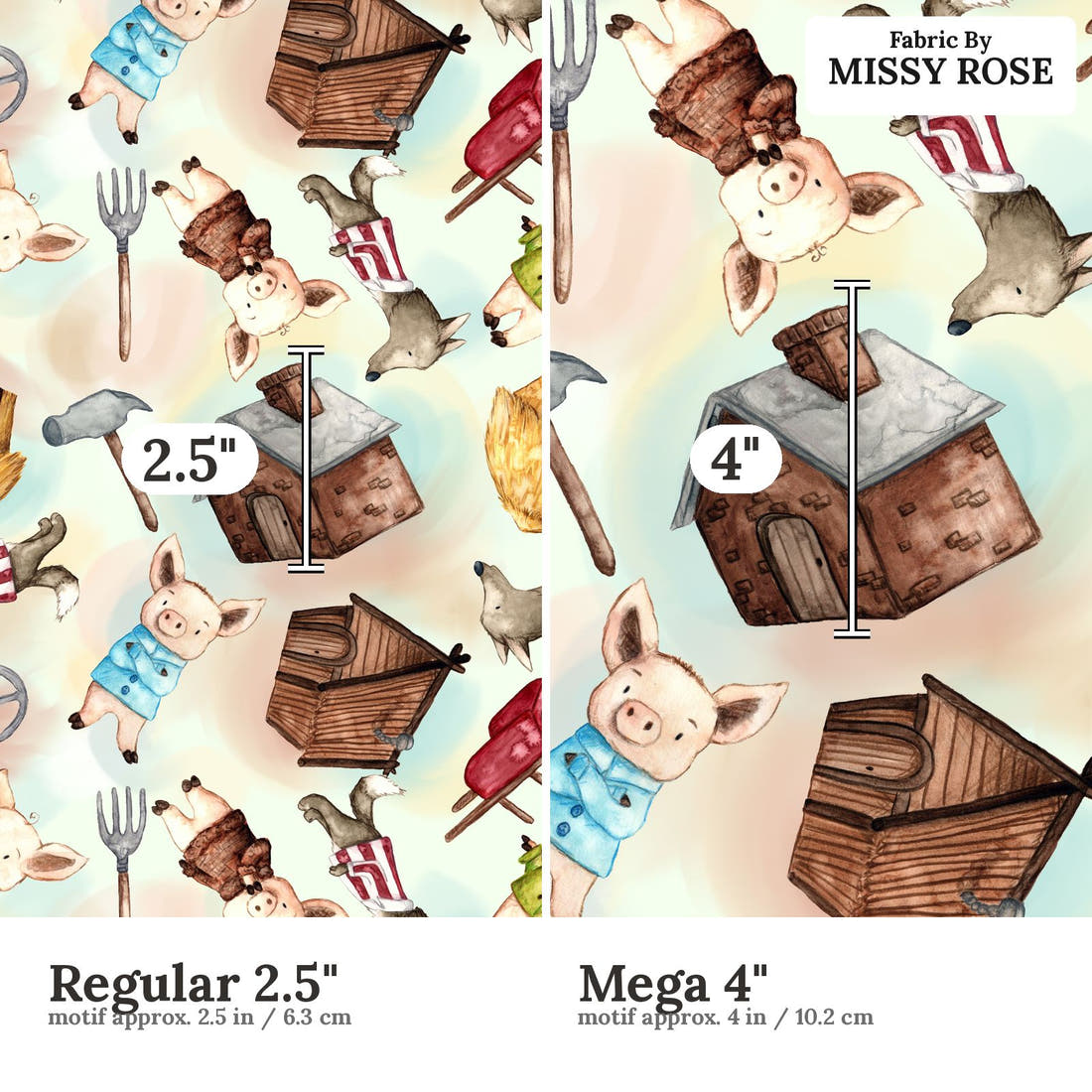 Design 968 Little Pigs Fabric Regular 2.5 inch vs Mega 4 inch print scale side by side | Fabric by Missy Rose