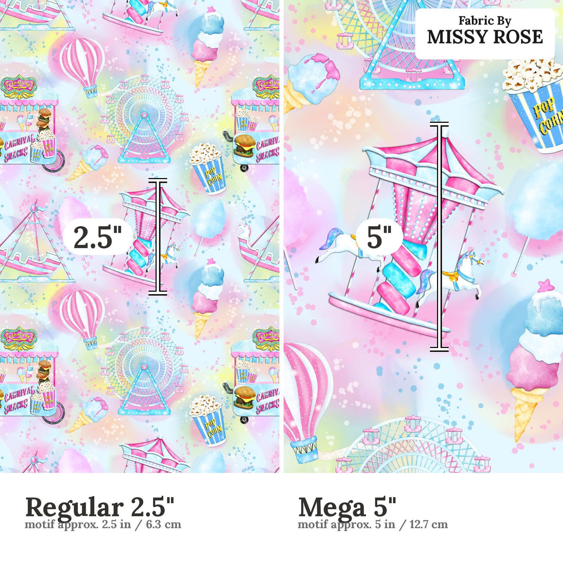 Design 969 Fair Fabric Regular 2.5 inch vs Mega 5 inch print scale side by side | Fabric by Missy Rose