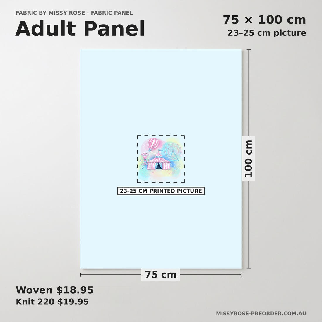 Design 969 Fair Panel adult panel sizing – 23–25 cm printed picture on 75 × 100 cm fabric | Fabric by Missy Rose