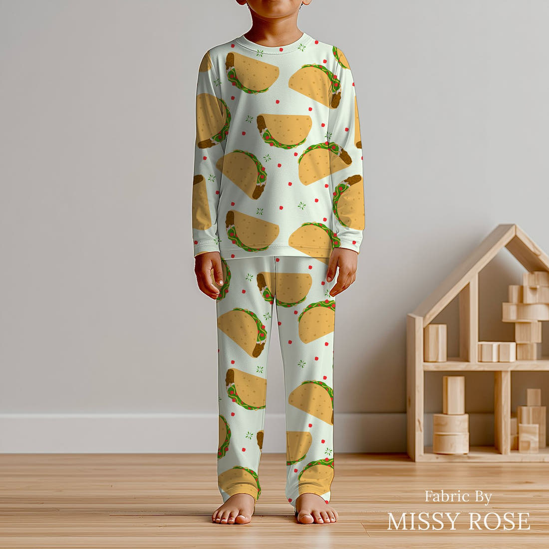 Design 97 Taco Fabric sewn into kids' pyjamas – see how the print looks made up | Fabric by Missy Rose