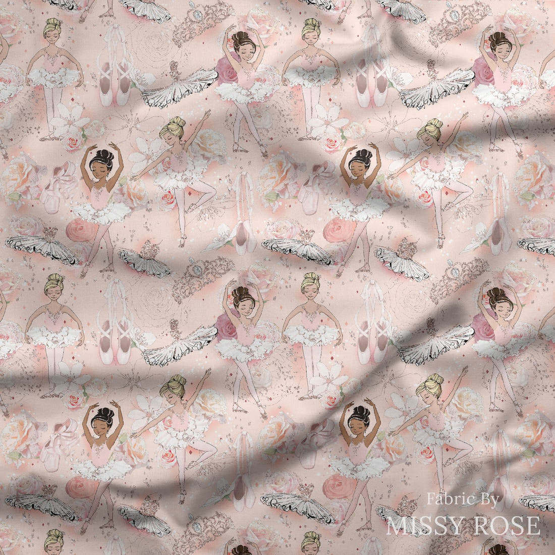 Design 970 Pink Ballerina Fabric draped fabric mockup – custom printed fabric by the metre | Fabric by Missy Rose