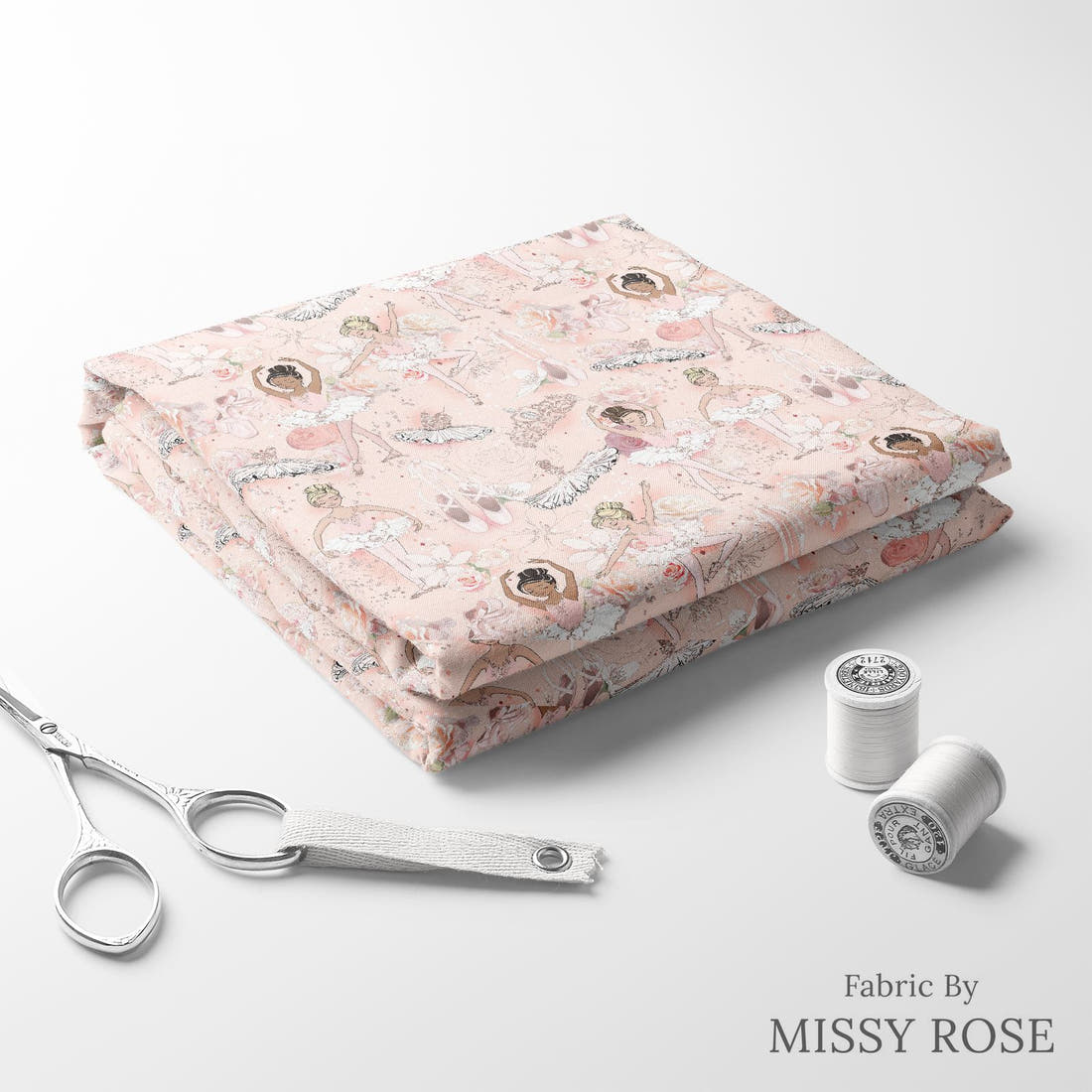 Design 970 Pink Ballerina Fabric folded fabric stack with matching thread – pre-order fabric Australia | Fabric by Missy Rose