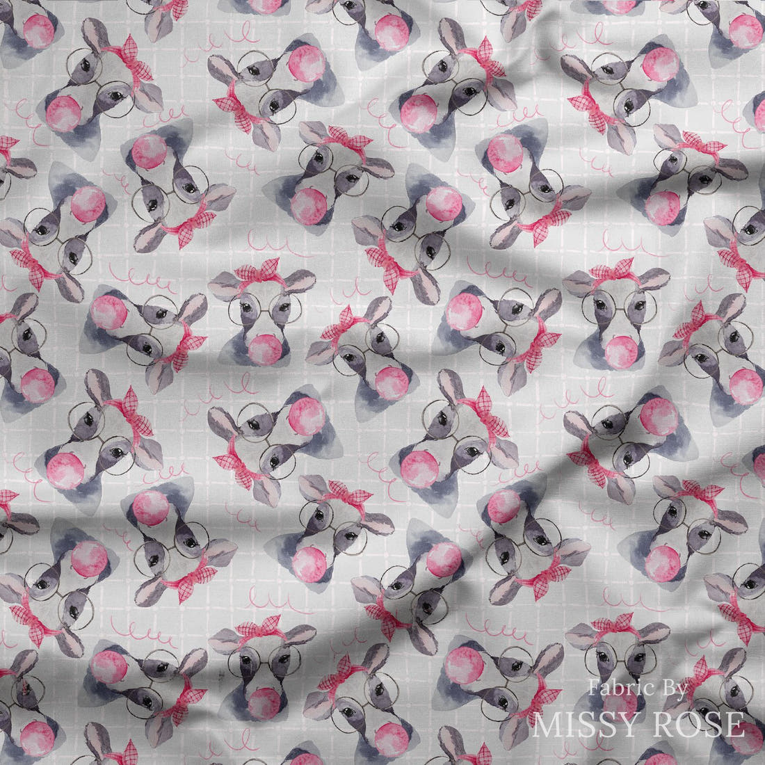Design 971 Cow Bubble Gum Fabric draped fabric mockup – custom printed fabric by the metre | Fabric by Missy Rose