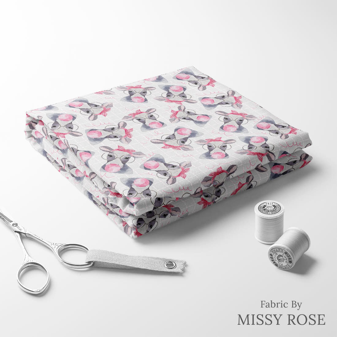 Design 971 Cow Bubble Gum Fabric folded fabric stack with matching thread – pre-order fabric Australia | Fabric by Missy Rose
