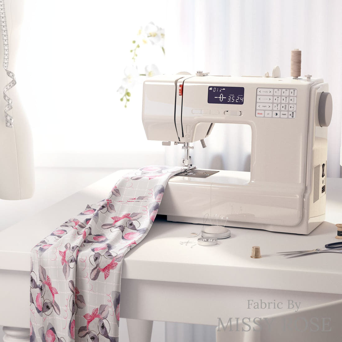 Design 971 Cow Bubble Gum Fabric on a sewing machine – premium fabric for sewing projects | Fabric by Missy Rose