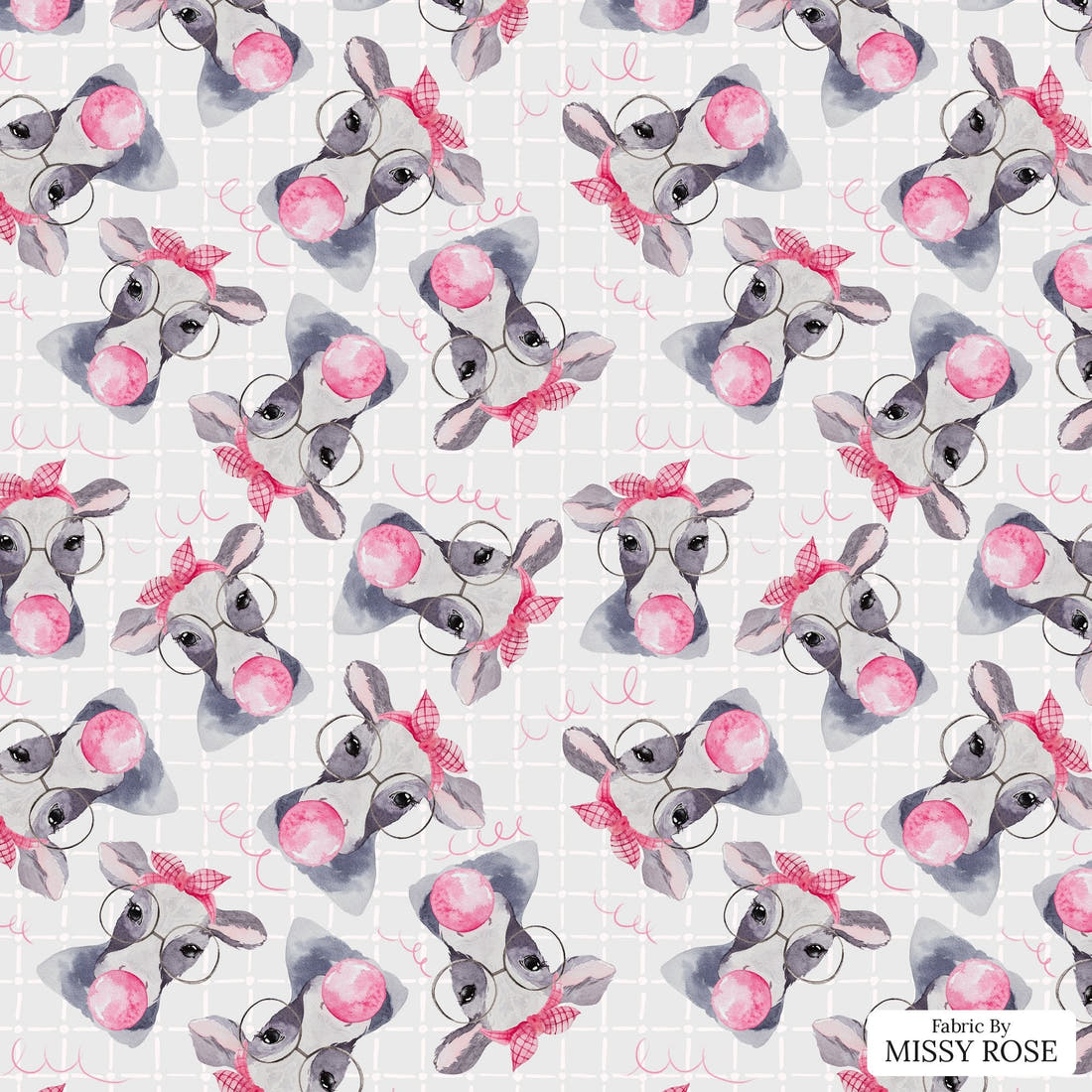 Design 971 Cow Bubble Gum Fabric – flat view of the print, zoom in for detail | Fabric by Missy Rose