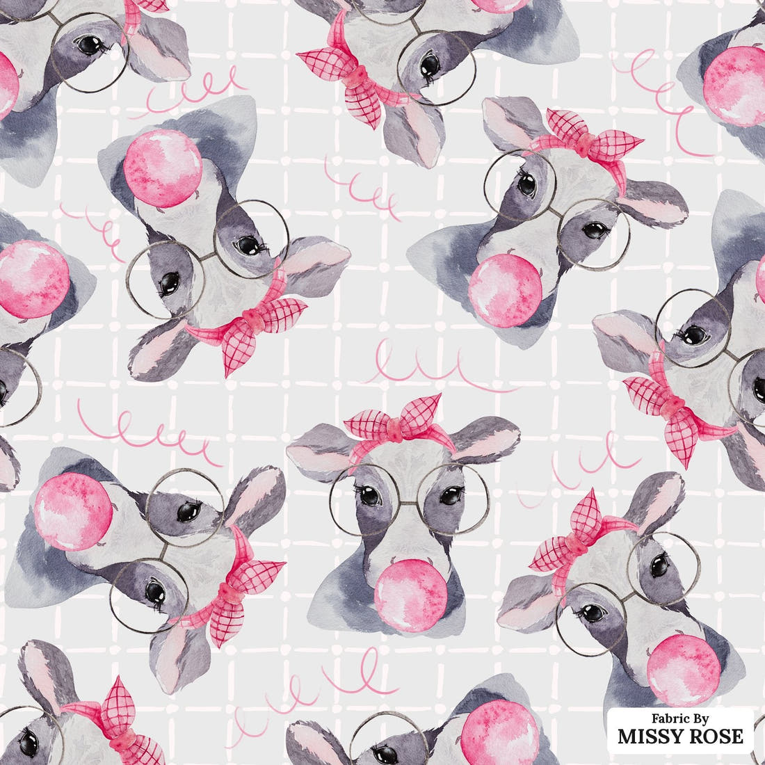 Design 971 Cow Bubble Gum Fabric – flat view of the print, zoom in for detail | Fabric by Missy Rose