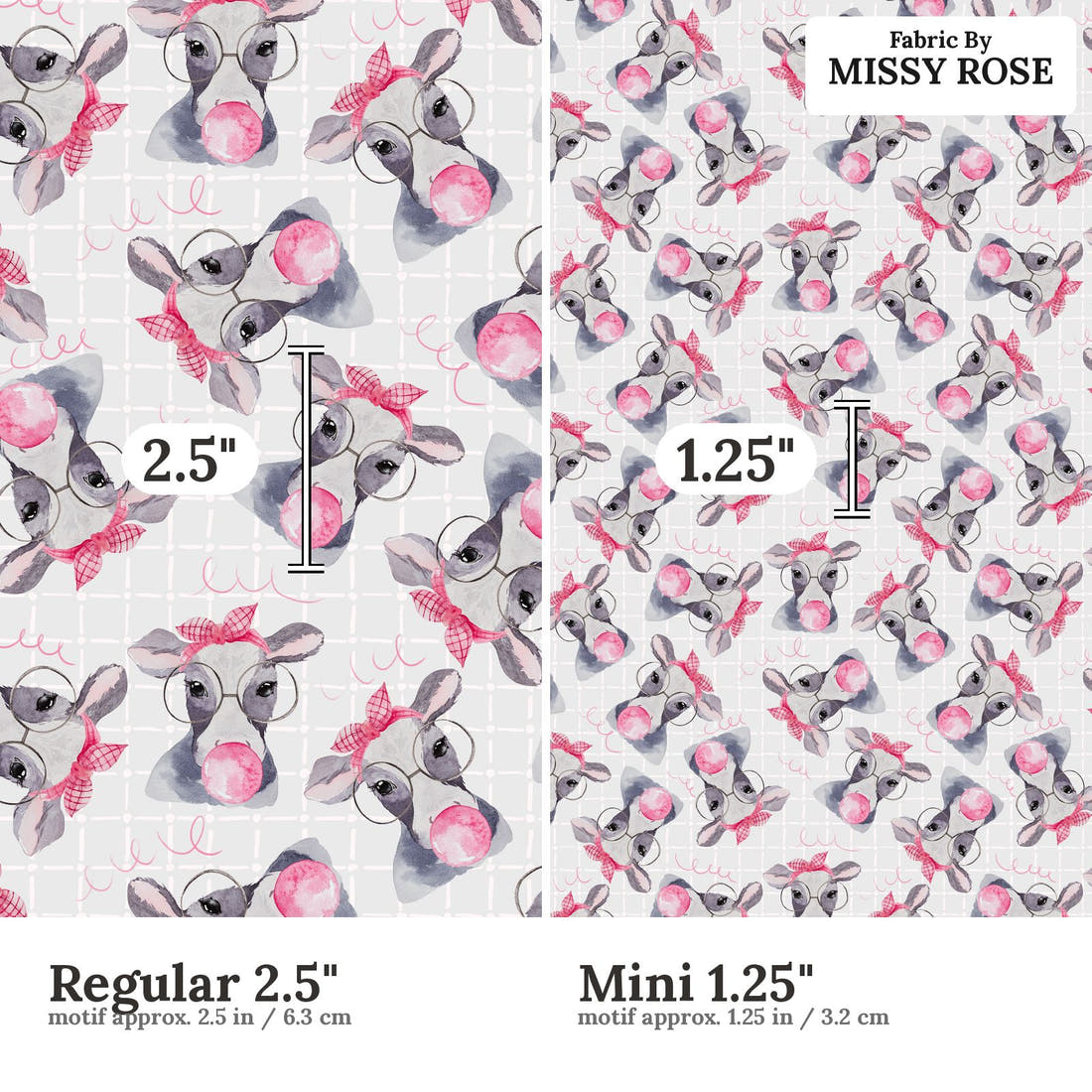 Design 971 Cow Bubble Gum Fabric Regular 2.5 inch vs Mini 1.25 inch print scale side by side | Fabric by Missy Rose
