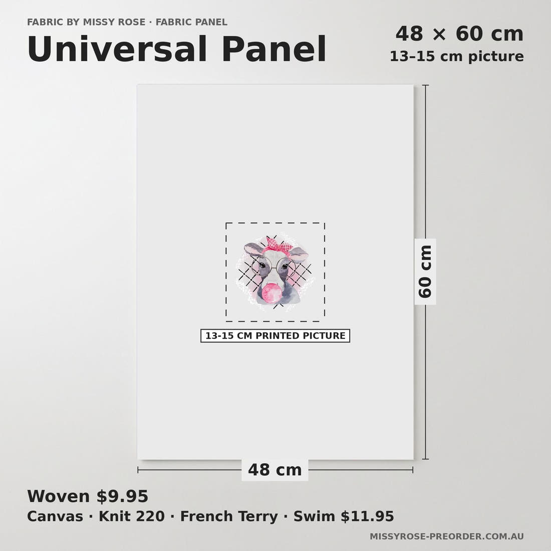 Design 971 Cow Bubble Gum Panel universal panel sizing – 13–15 cm printed picture on 48 × 60 cm fabric | Fabric by Missy Rose