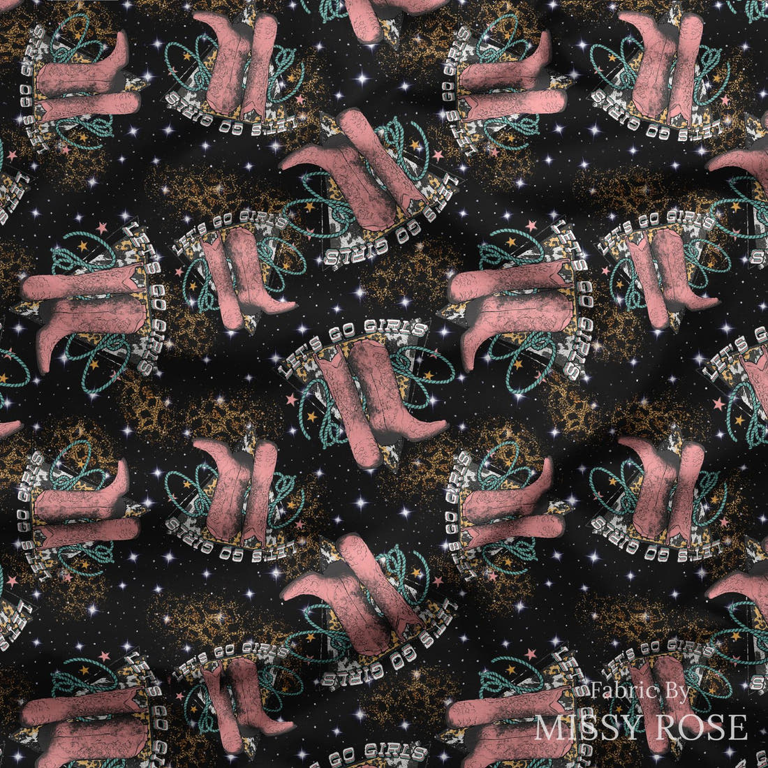 Design 972 Cowgirl Boots Fabric draped fabric mockup – custom printed fabric by the metre | Fabric by Missy Rose