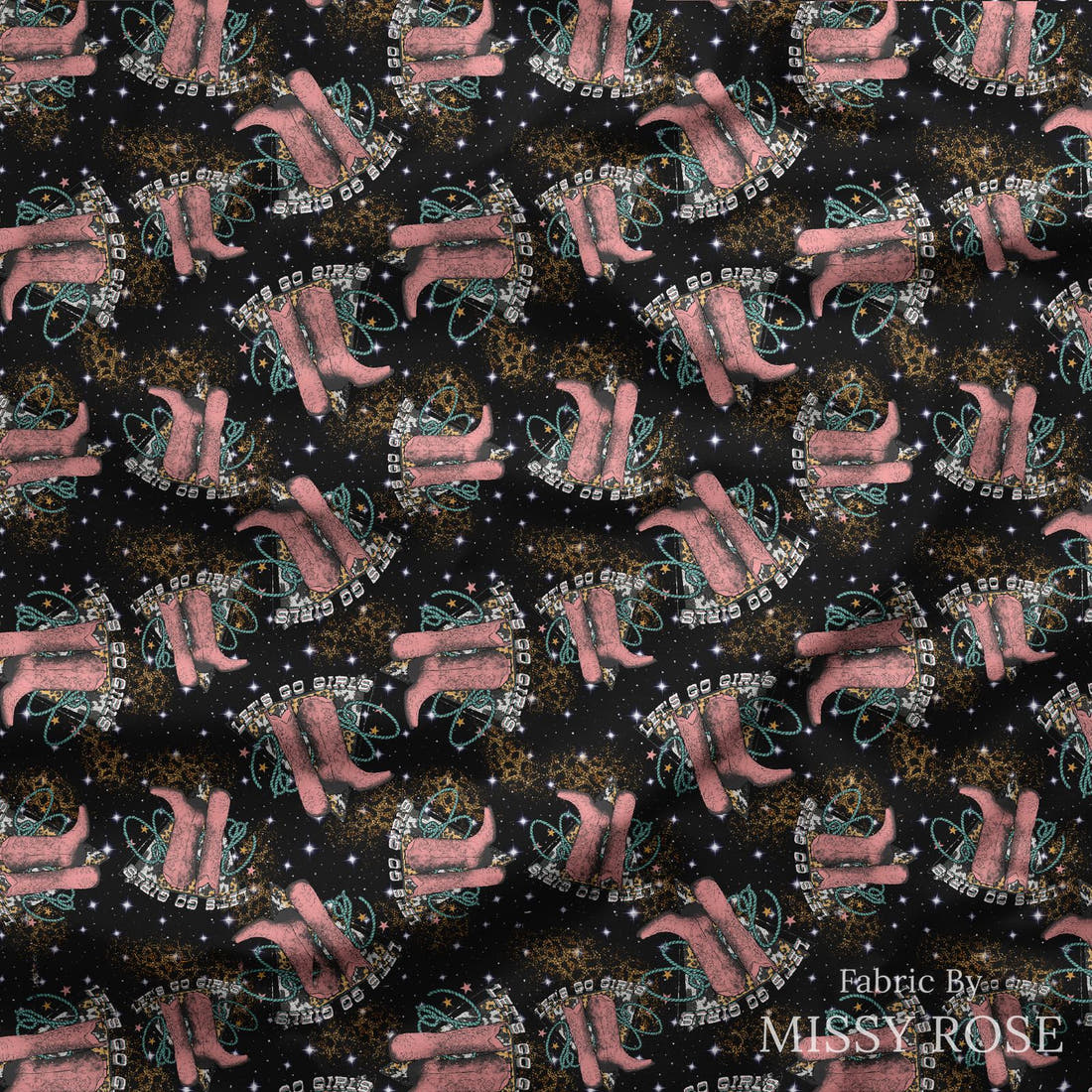 Design 972 Cowgirl Boots Fabric draped fabric mockup – custom printed fabric by the metre | Fabric by Missy Rose