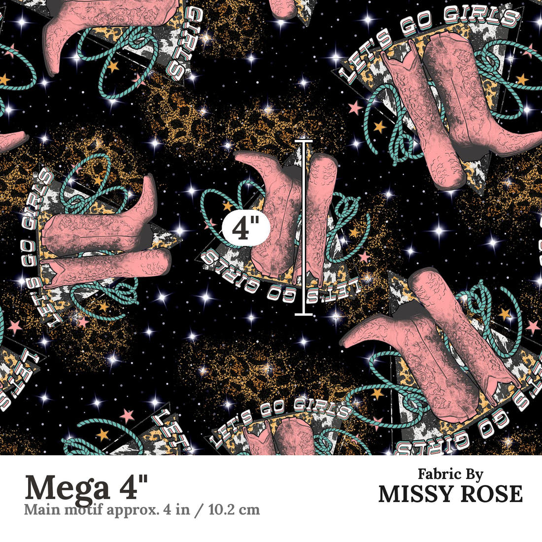 Design 972 Cowgirl Boots Fabric Mega 4 inch print scale guide | Fabric by Missy Rose