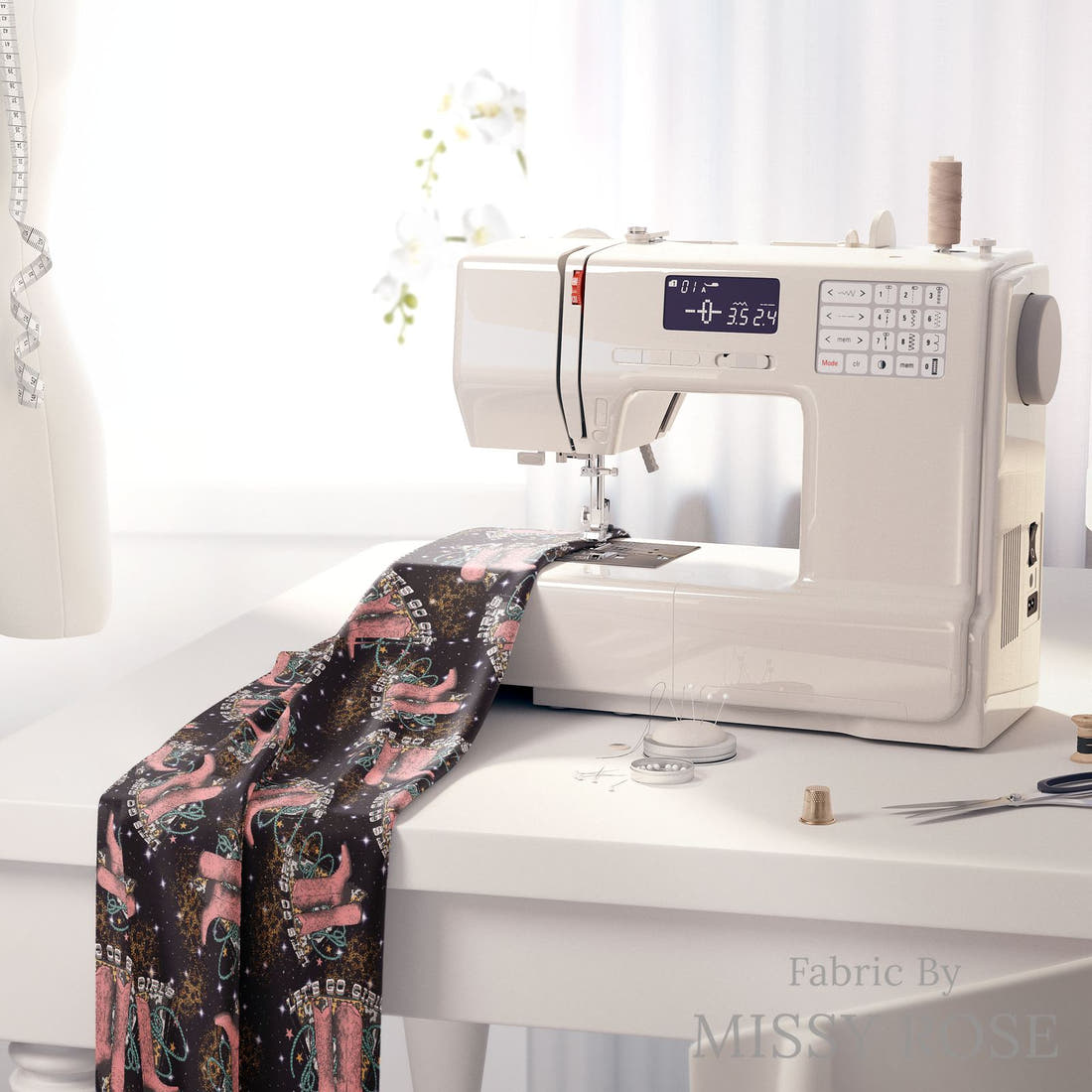 Design 972 Cowgirl Boots Fabric on a sewing machine – premium fabric for sewing projects | Fabric by Missy Rose