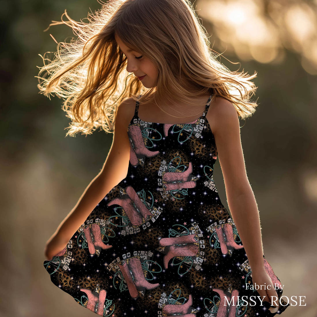 Design 972 Cowgirl Boots Fabric sewn into a girls' dress – see how the print looks made up | Fabric by Missy Rose