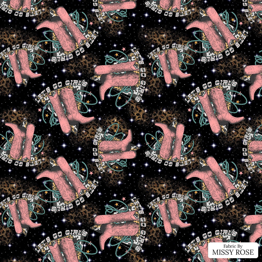 Design 972 Cowgirl Boots Fabric – flat view of the print, zoom in for detail | Fabric by Missy Rose