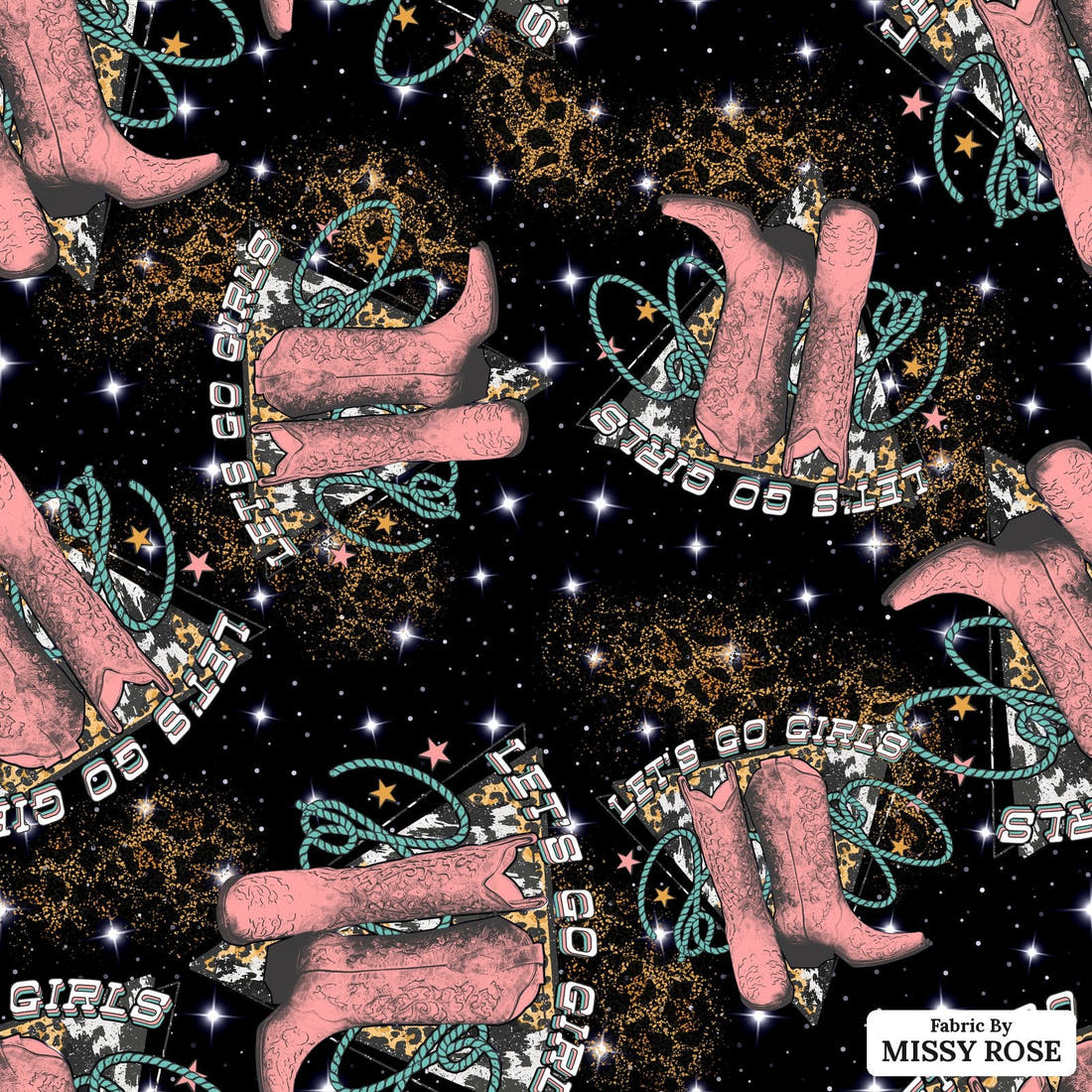 Design 972 Cowgirl Boots Fabric – flat view of the print, zoom in for detail | Fabric by Missy Rose