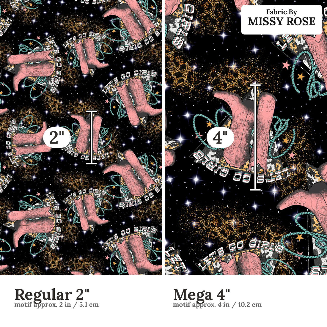 Design 972 Cowgirl Boots Fabric Regular 2 inch vs Mega 4 inch print scale side by side | Fabric by Missy Rose