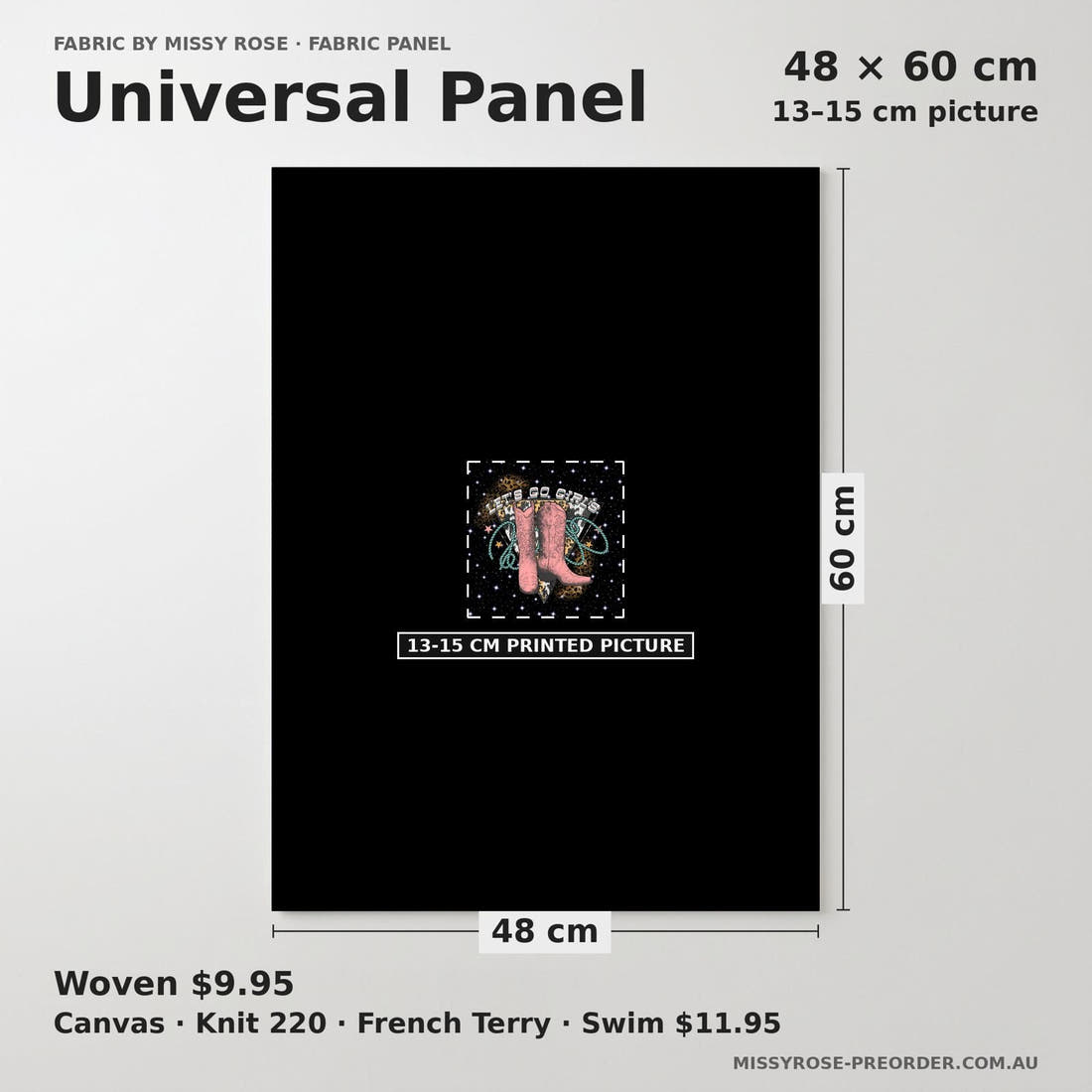 Design 972 Cowgirl Boots Panel universal panel sizing – 13–15 cm printed picture on 48 × 60 cm fabric | Fabric by Missy Rose